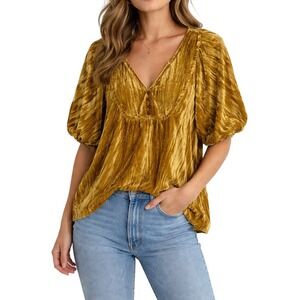 Crushed Velvet Romantic Boho Peasant Top Gold Puff Sleeve Blouse Size M Maurices